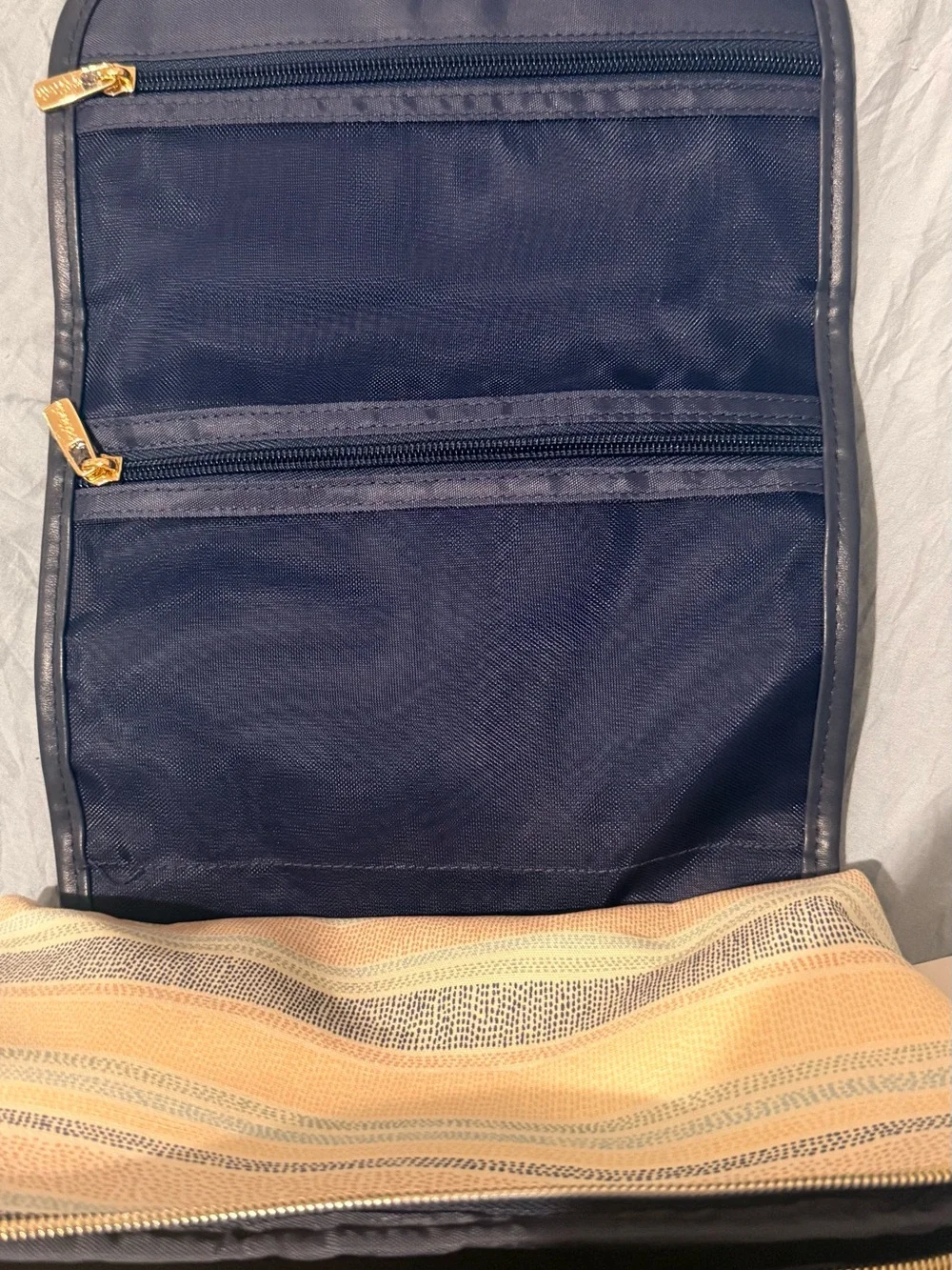 Makeup Travel Organizer Striped Pastel Clutch with Navy Trim